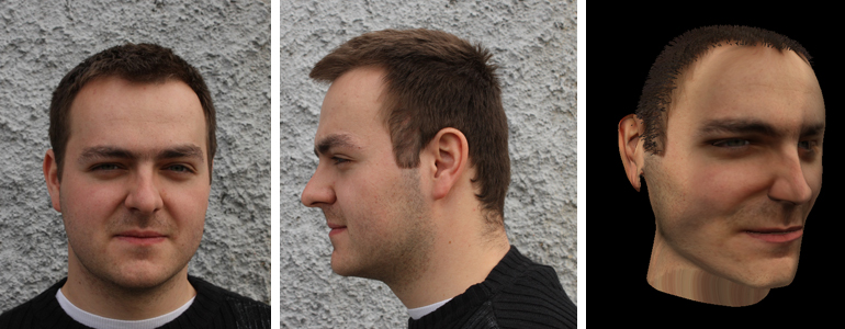 Front (Left) and profile (Middle) source photographs and reconstructed 3D head model (Right)